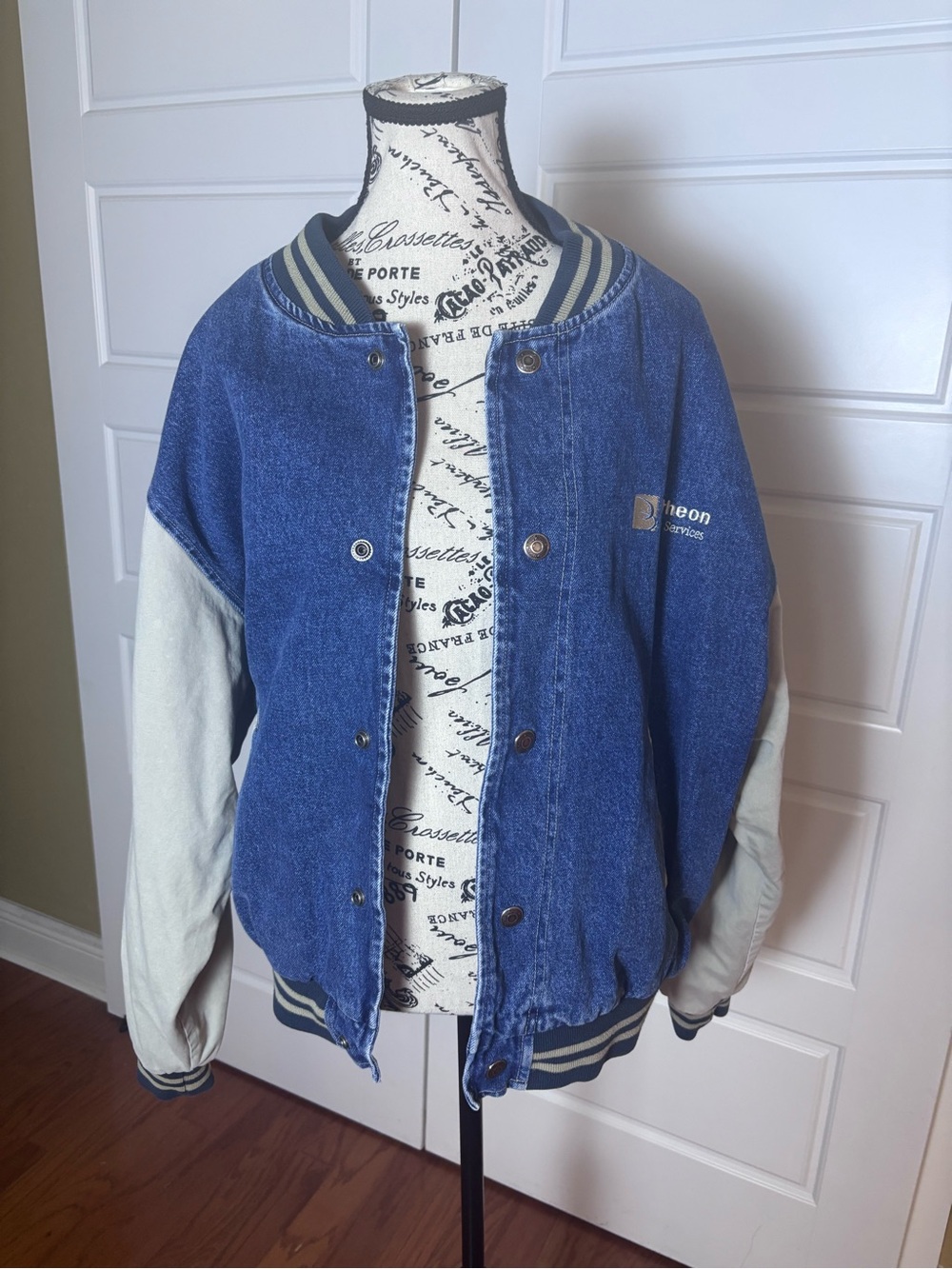 Vintage Swingster 2 Tone Denim Khaki Varsity Jacket Raytheon Aircraft
